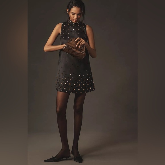 Anthropologie Tanvi Kedia Studded Black Sleeveless Mini Dress Gold Brown - Picture 5 of 14